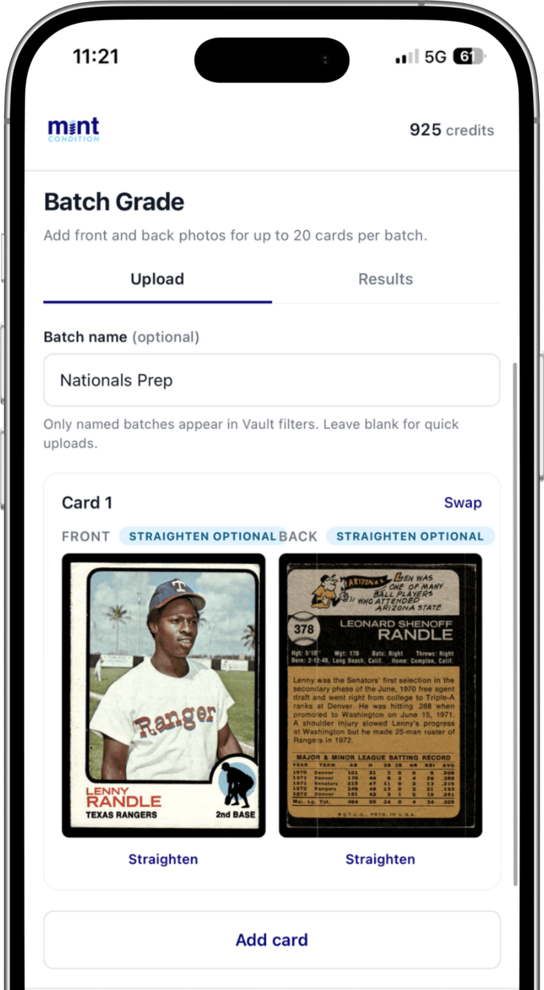 Mint Condition iOS batch grade screen with front and back card photos