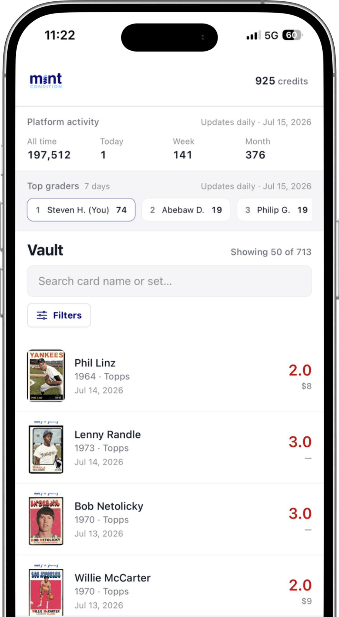 Mint Condition iOS vault with graded inventory list