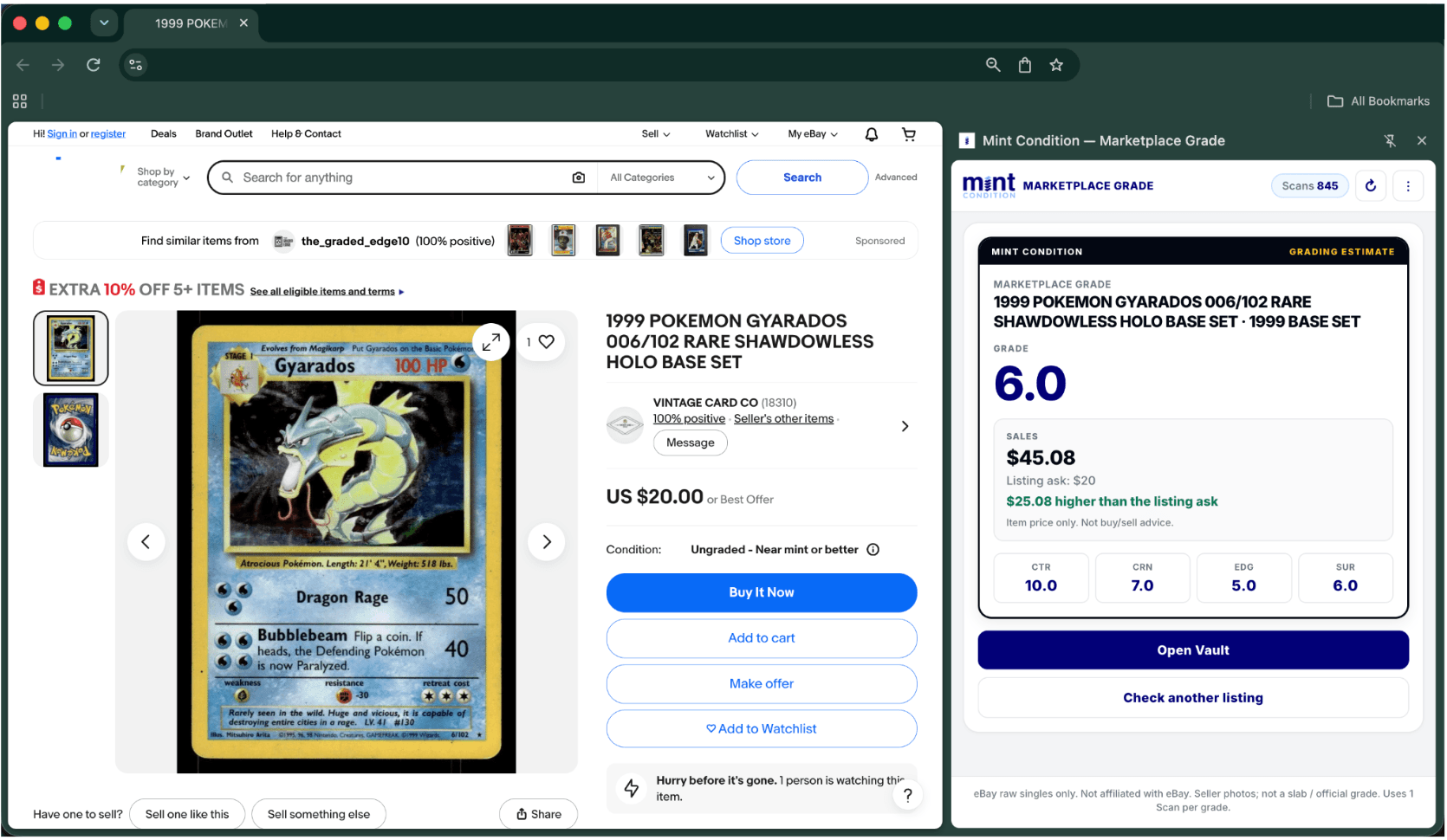 Marketplace Grade Chrome extension showing a grading estimate next to an eBay listing